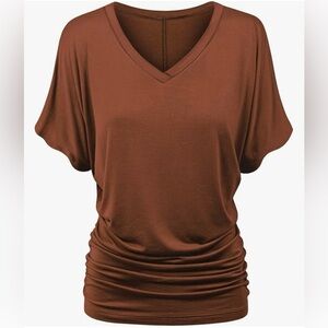 Solid Short Sleeve Boat Neck/V Neck Dolman Top T Shirt with Side Shirring